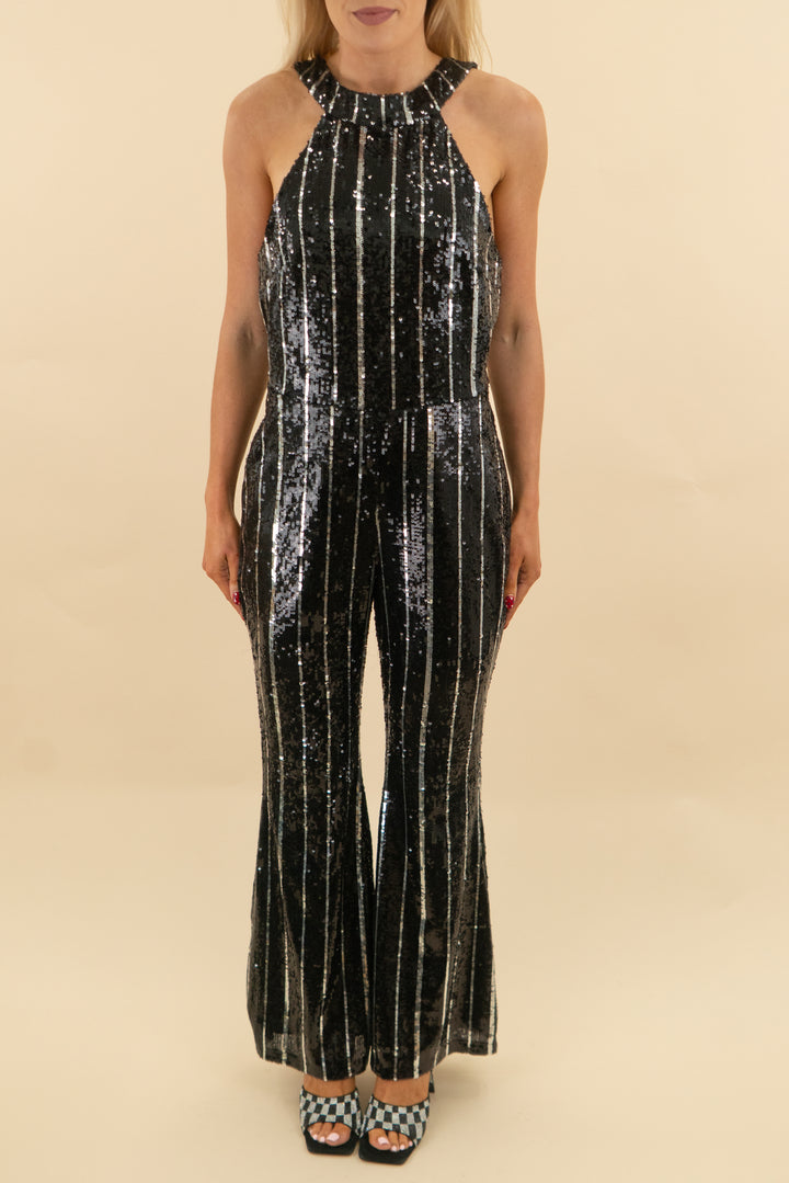 topshop silver and black sequin cross back jumpsuits (6: retail $139)