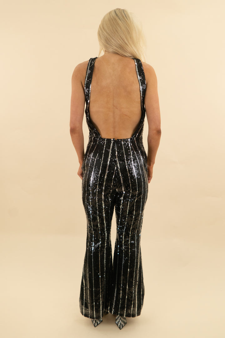 topshop silver and black sequin cross back jumpsuits (6: retail $139)