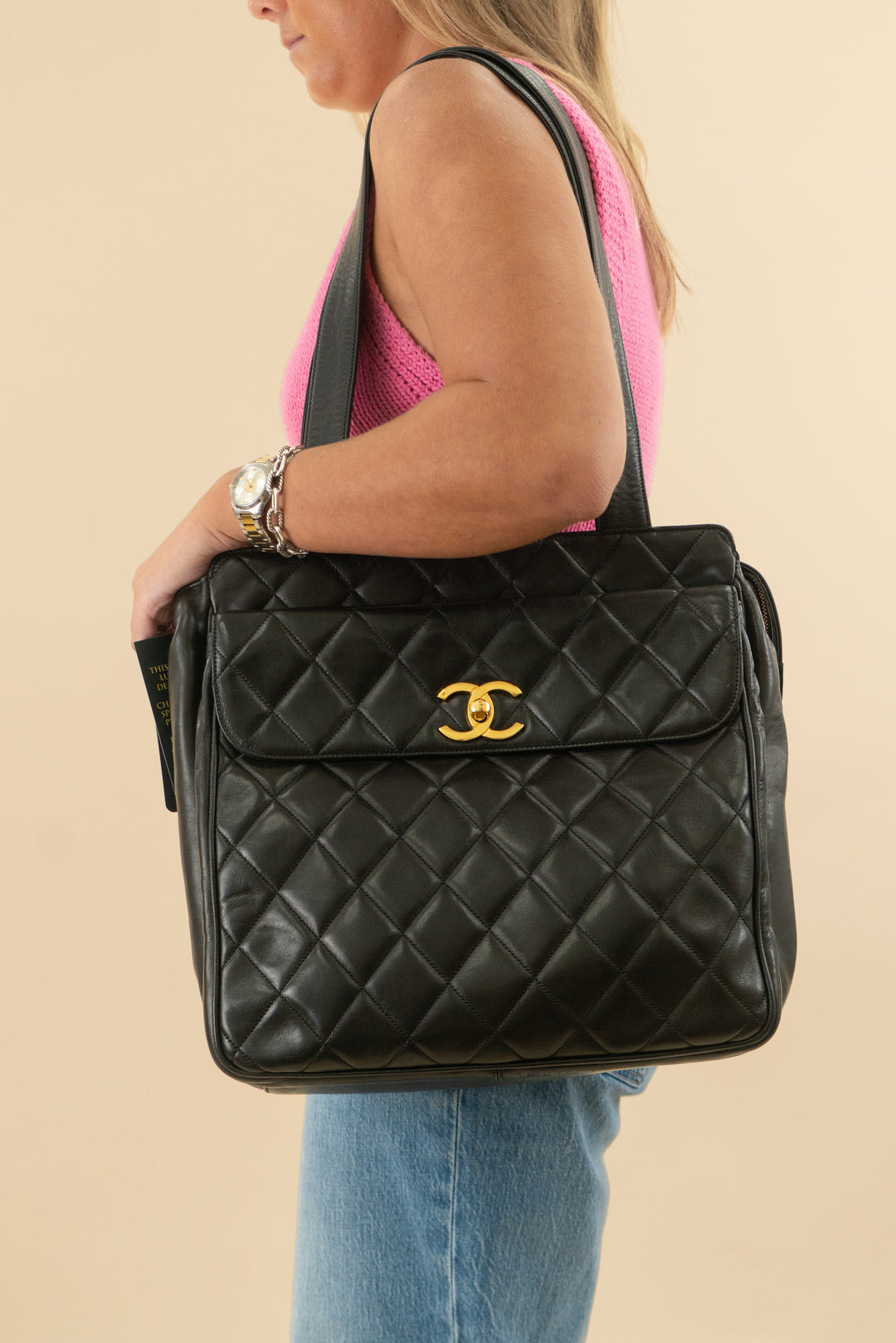 Chanel Black Lambskin Quilted Tote (vintage)