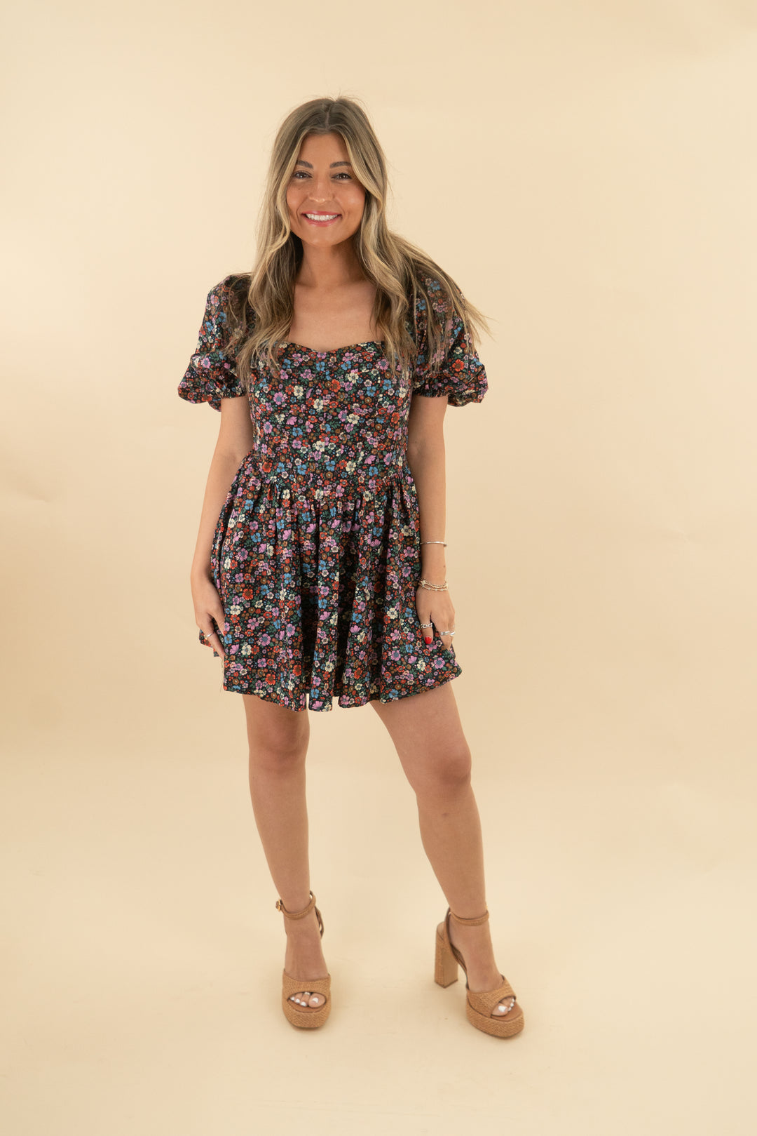 Buddy Love Romeo Black Floral Puff Sleeve Mini Dress (s; retail $68)