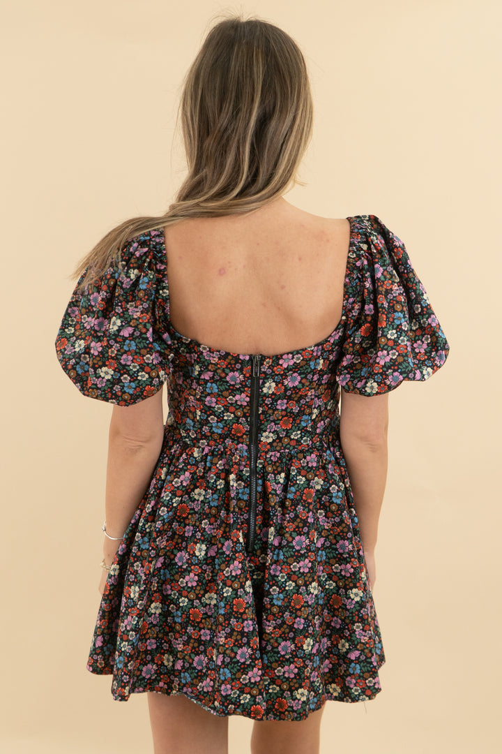 Buddy Love Romeo Black Floral Puff Sleeve Mini Dress (s; retail $68)