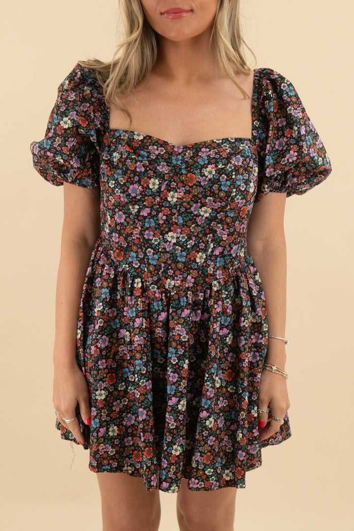 Buddy Love Romeo Black Floral Puff Sleeve Mini Dress (s; retail $68)