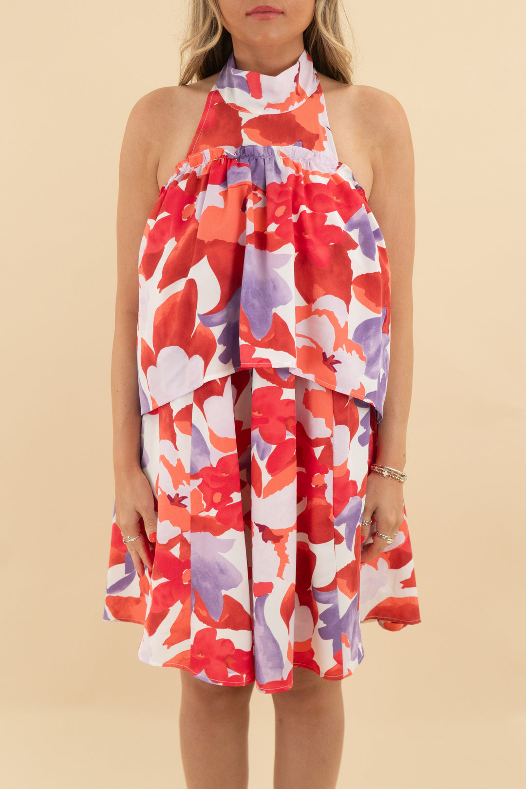 entro red and purple floral high neck dress (s)