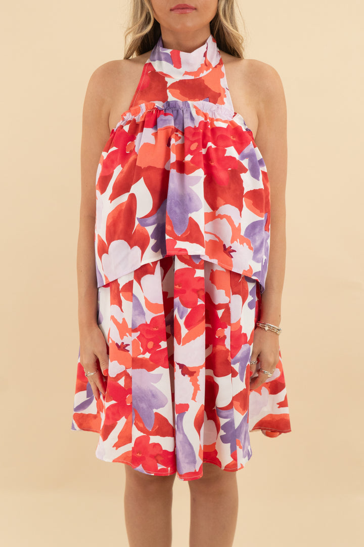 entro red and purple floral high neck dress (s)