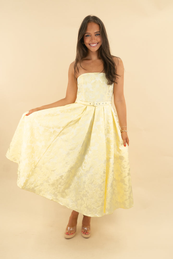 free market strapless yellow floral midi (s; retail $94)