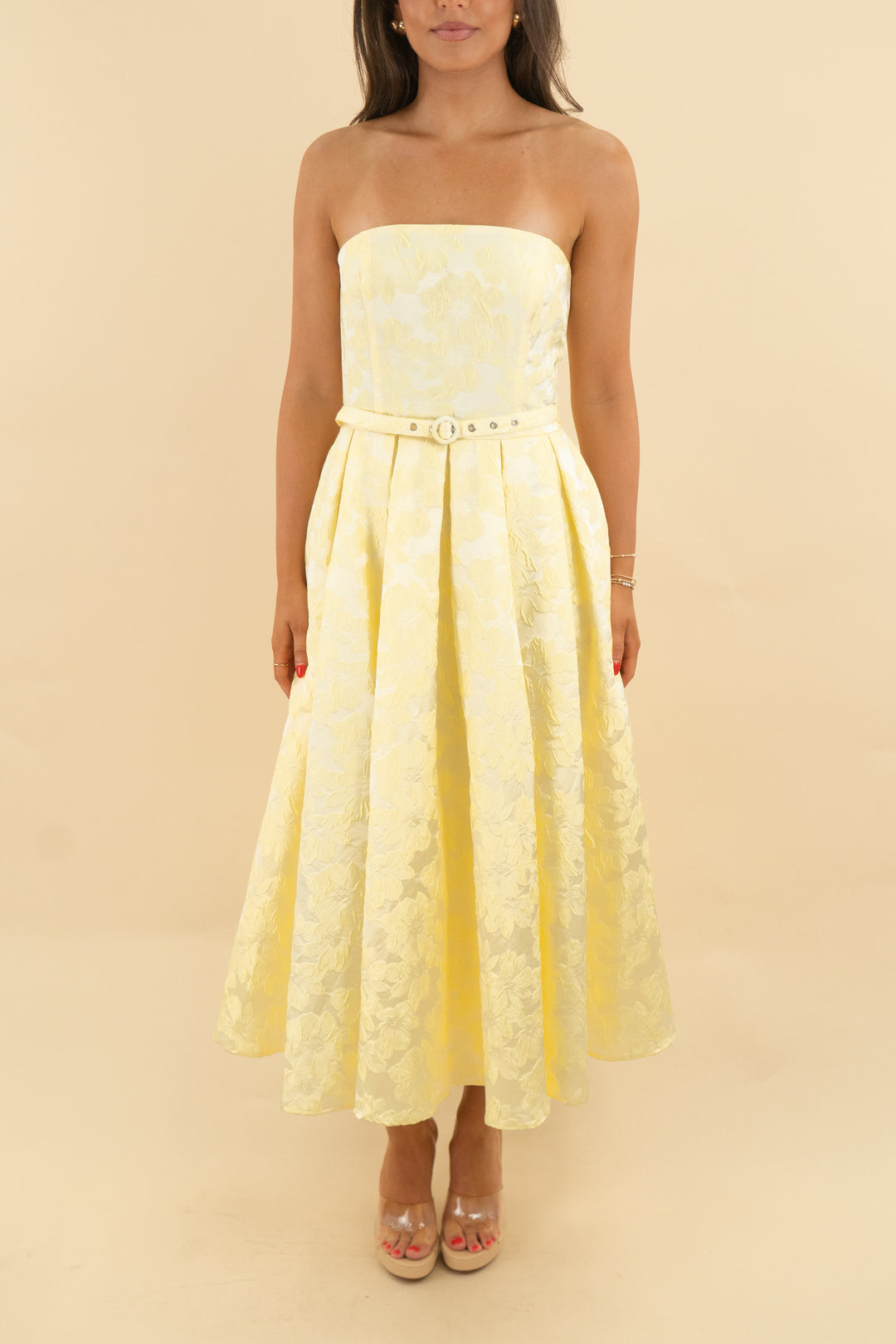 free market strapless yellow floral midi (s; retail $94)