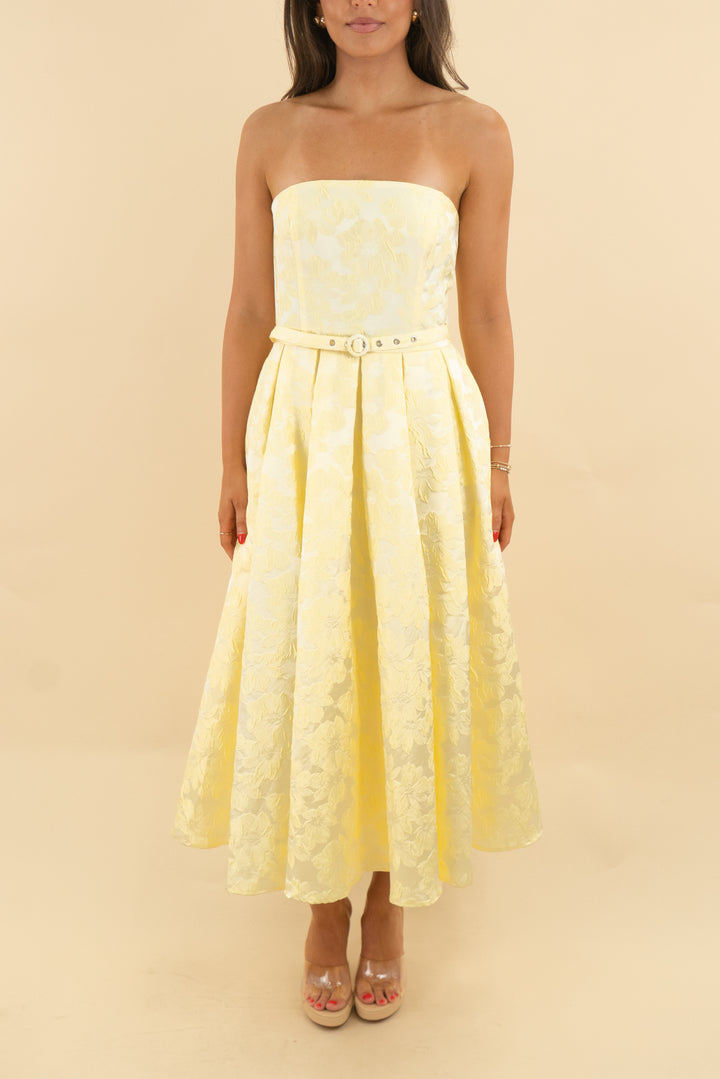 free market strapless yellow floral midi (s; retail $94)