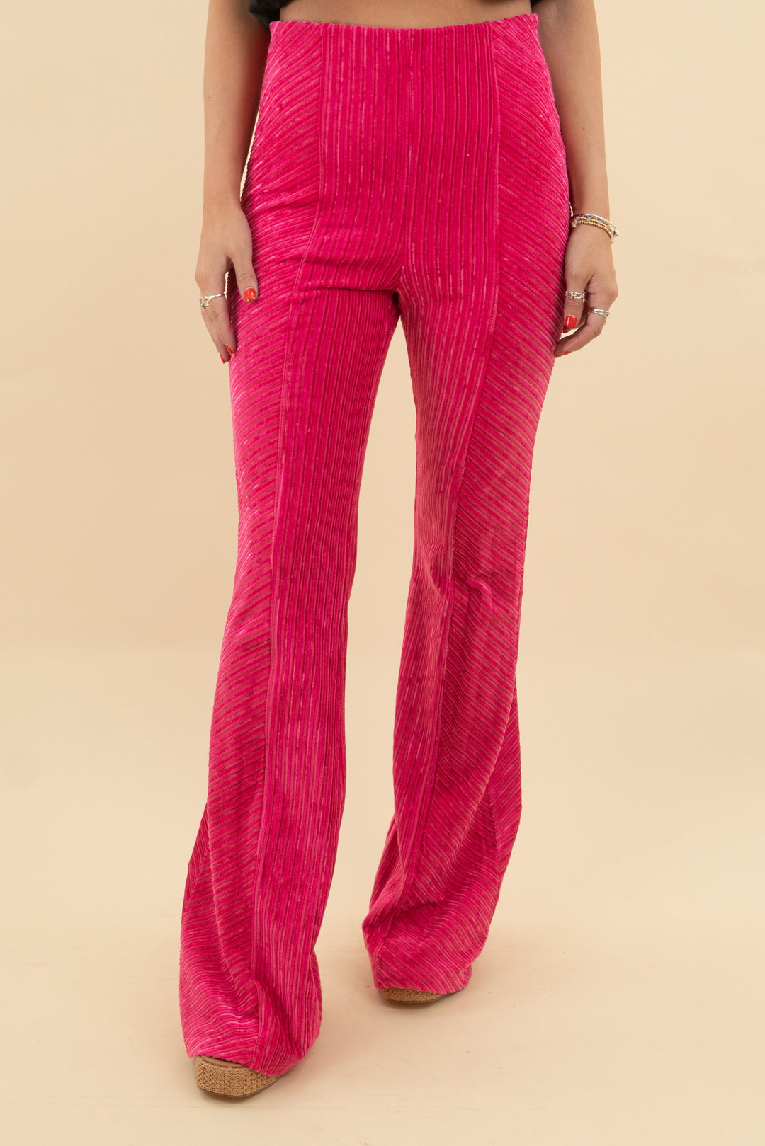 free people hot pink velvet flare pant (s; retail $88)