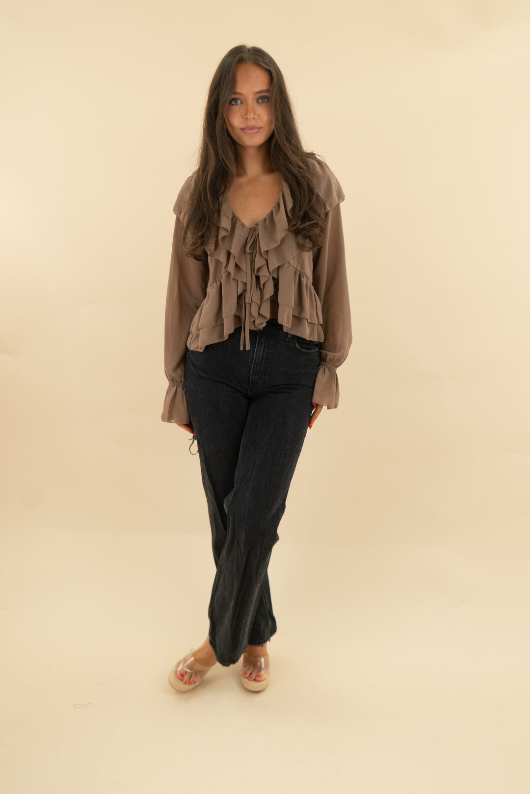 evenuel brown ruffle blouse nwt (s; retail $45)