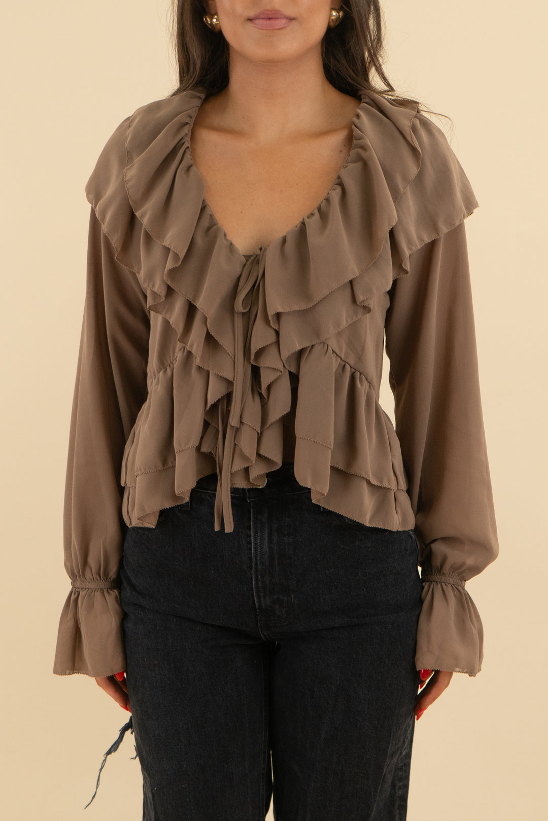 evenuel brown ruffle blouse nwt (s; retail $45)