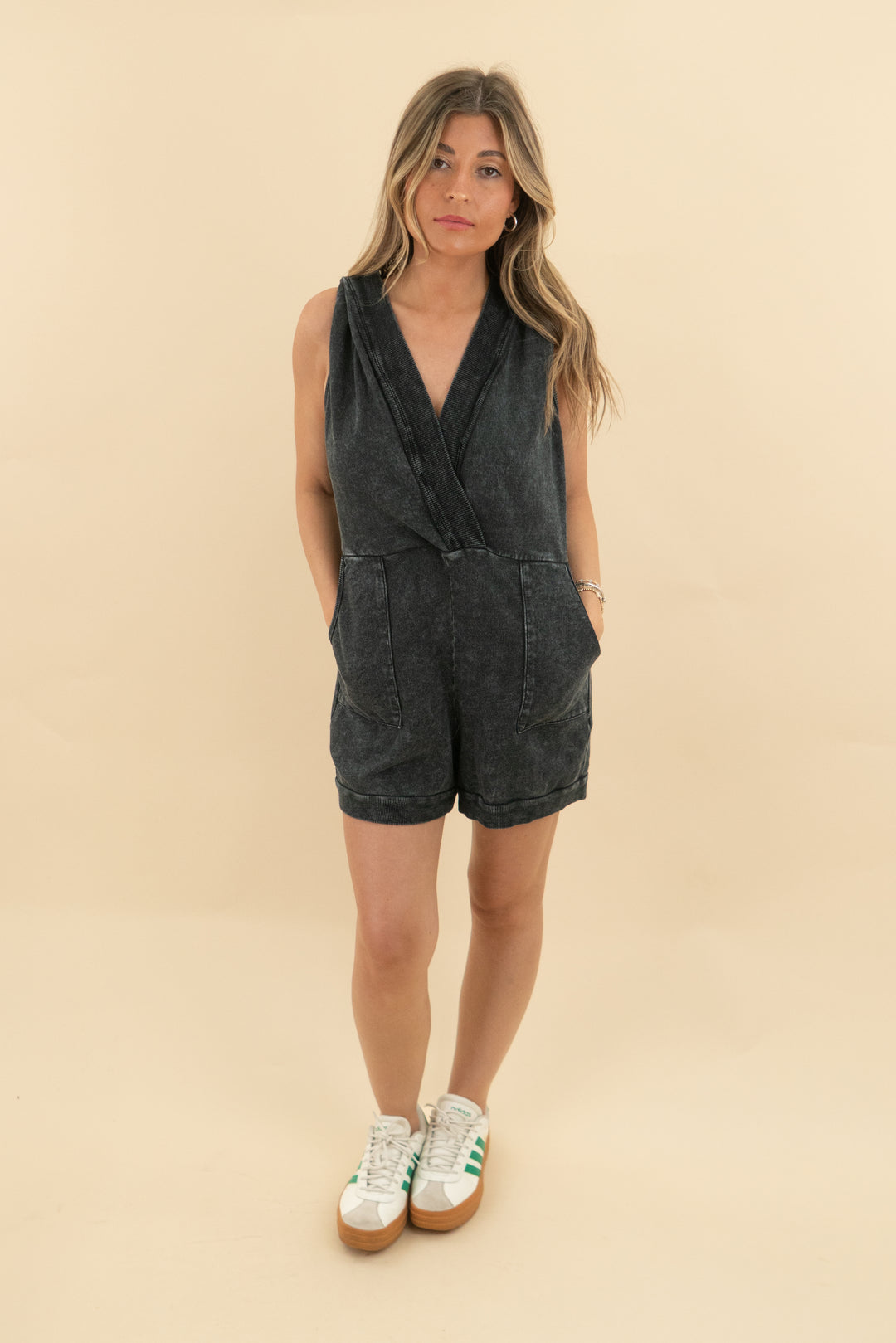 black acid wash sleeveless beach romper (s; retail $68)
