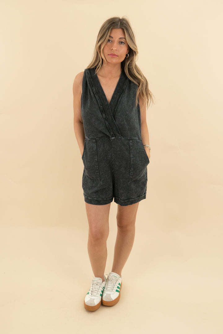 black acid wash sleeveless beach romper (s; retail $68)
