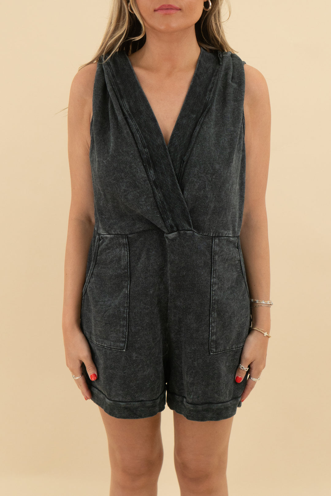 black acid wash sleeveless beach romper (s; retail $68)