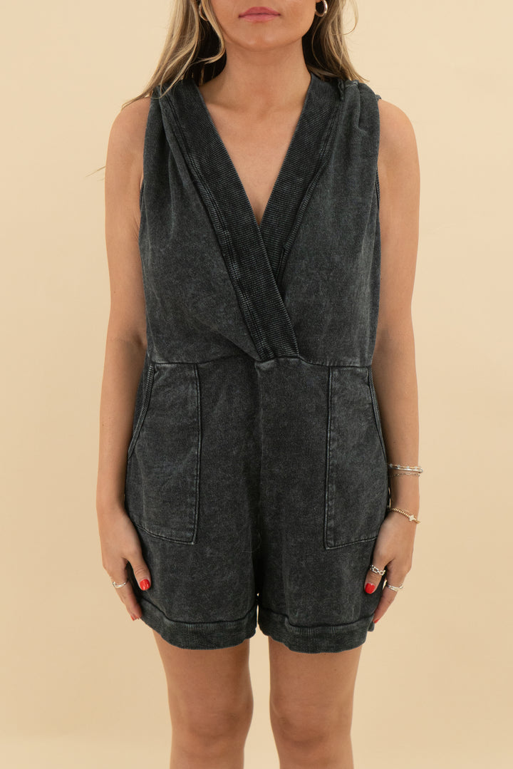 black acid wash sleeveless beach romper (s; retail $68)