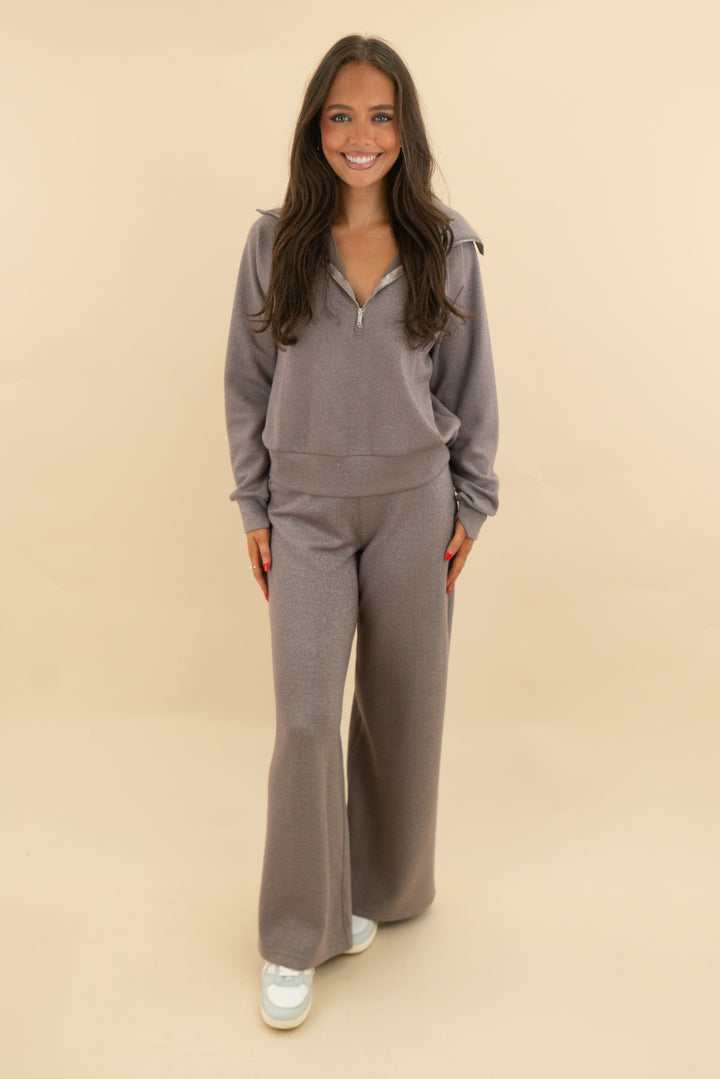 spanx air essentials brown metallic half zip top and wide pant (s; retail $118)