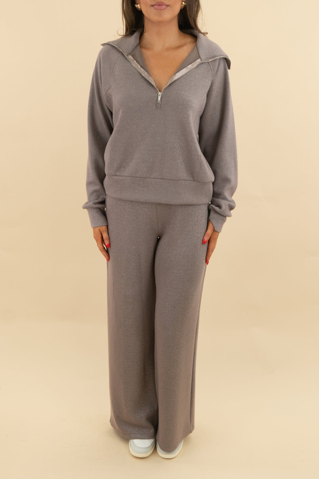 spanx air essentials brown metallic half zip top and wide pant (s; retail $118)