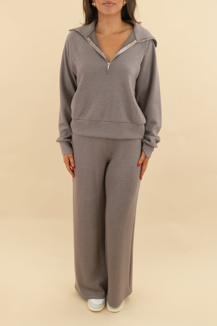spanx air essentials brown metallic half zip top and wide pant (s; retail $118)