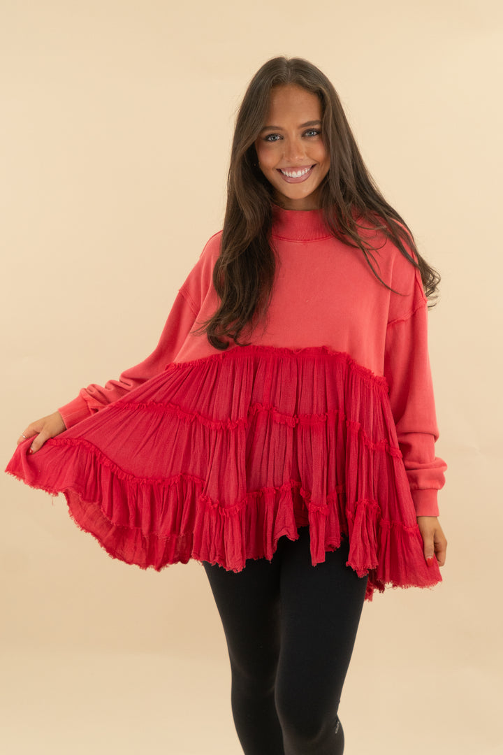 we the free coral ruffle pullover (s; retail $78)