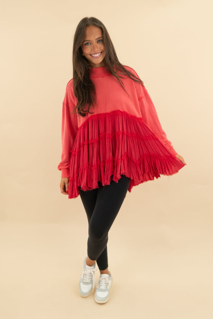 we the free coral ruffle pullover (s; retail $78)