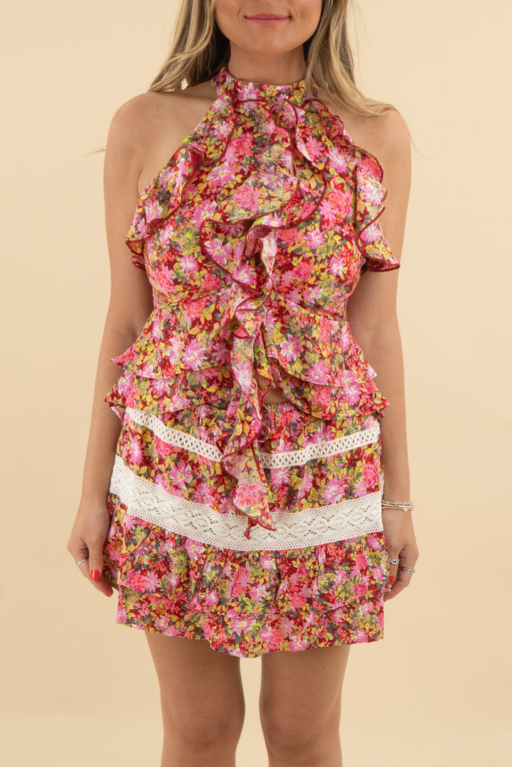kittenish red floral ruffle skirt set nwt (xs; retail $68)