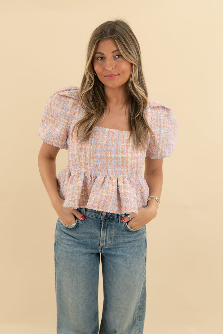 endless rose colorful tweed baby doll top nwt (s; retail $90)