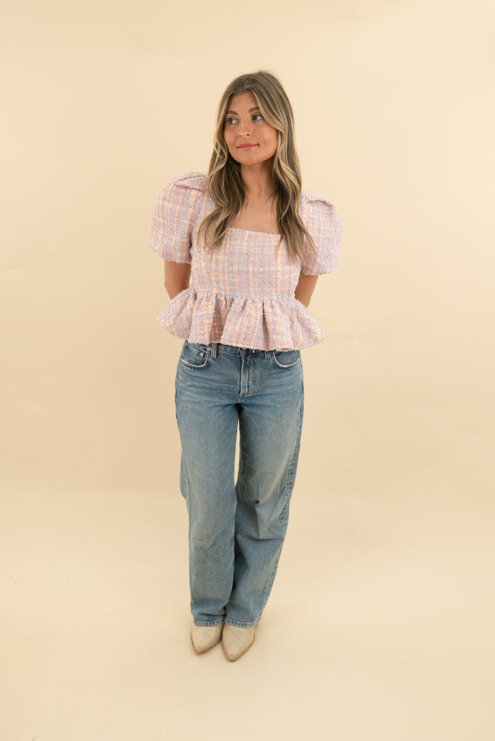 endless rose colorful tweed baby doll top nwt (s; retail $90)