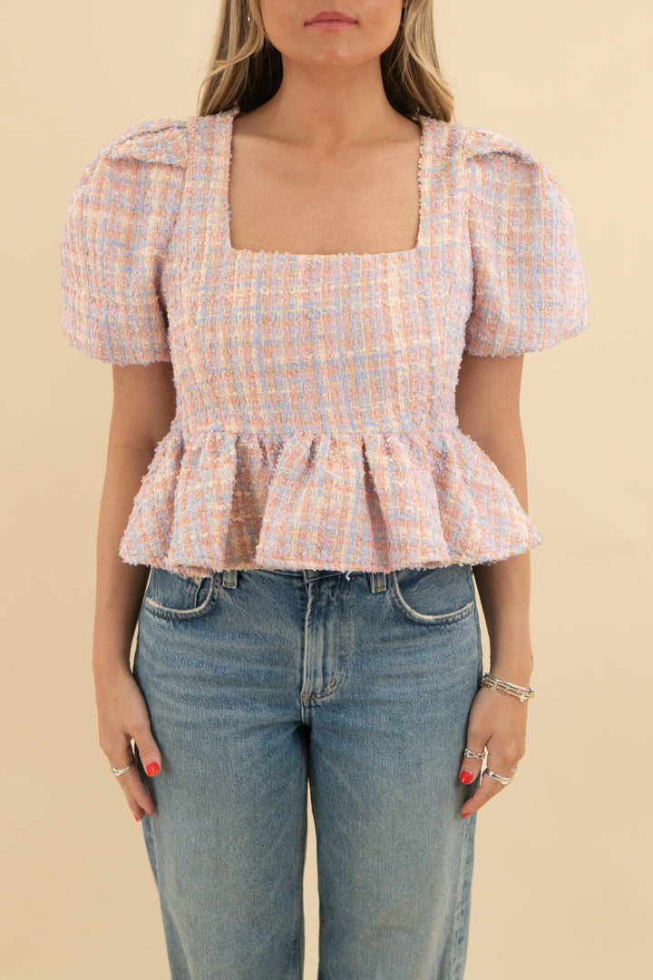 endless rose colorful tweed baby doll top nwt (s; retail $90)
