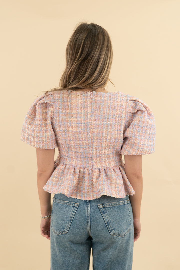 endless rose colorful tweed baby doll top nwt (s; retail $90)