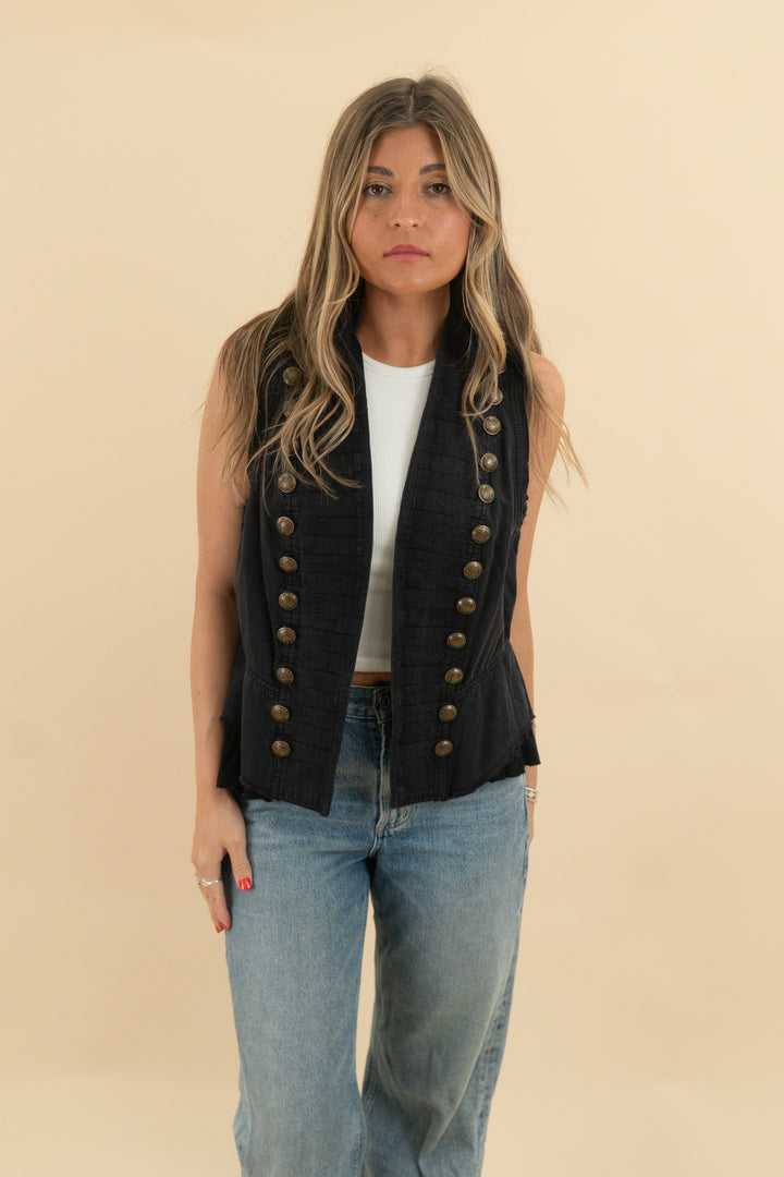 fp black denim vest nwt (s; retail $128)