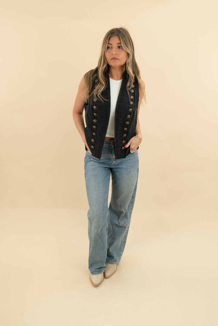 fp black denim vest nwt (s; retail $128)