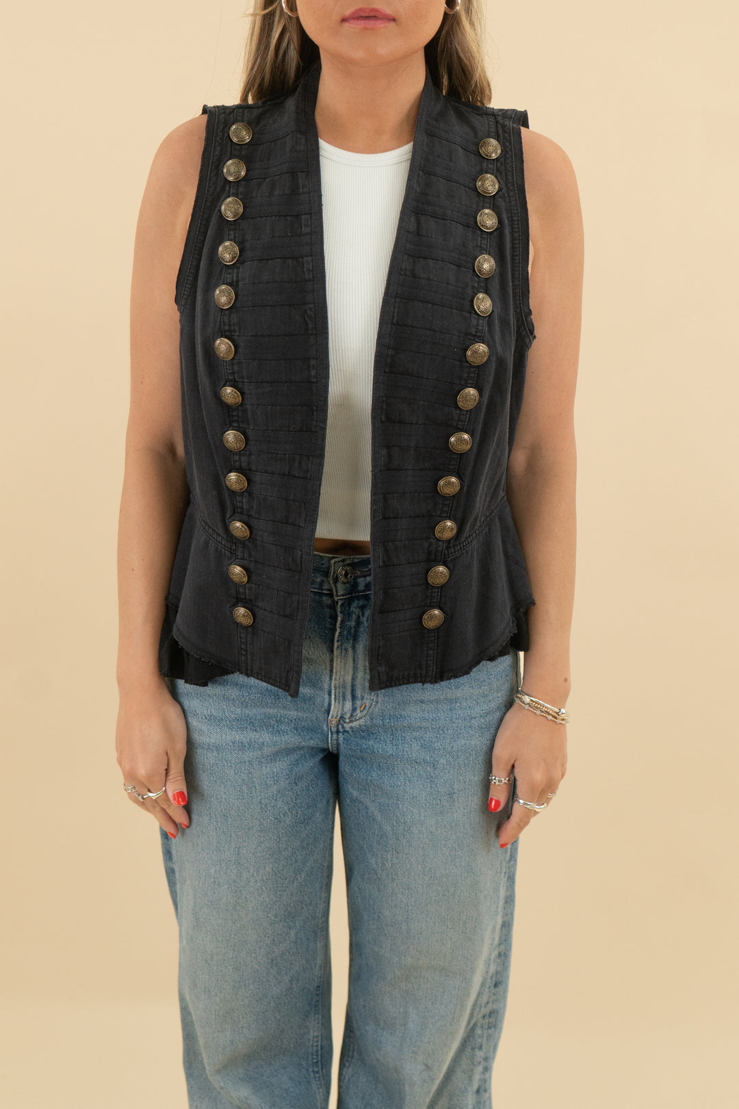 fp black denim vest nwt (s; retail $128)