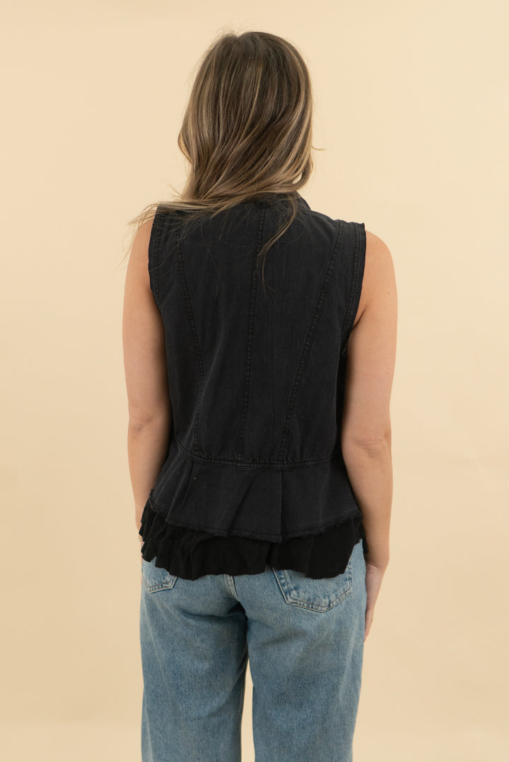 fp black denim vest nwt (s; retail $128)