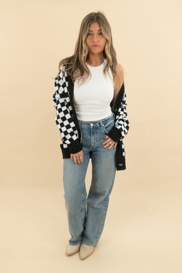 black and white checkered cardigan (s; retail $55)