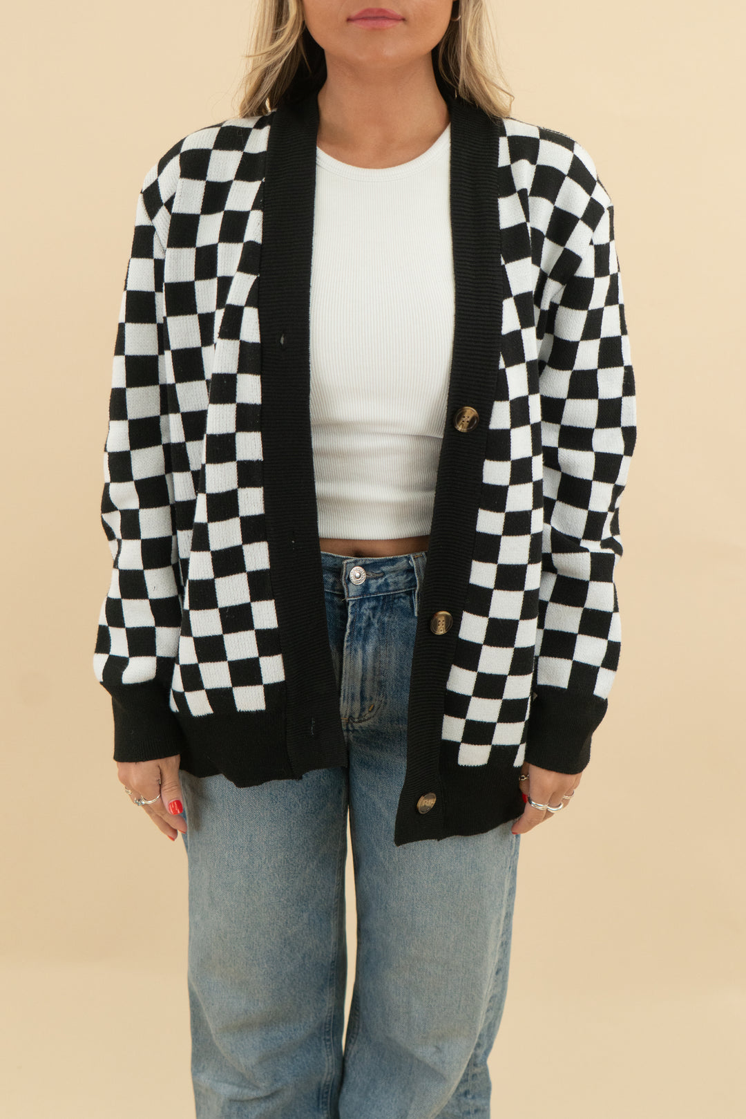 black and white checkered cardigan (s; retail $55)