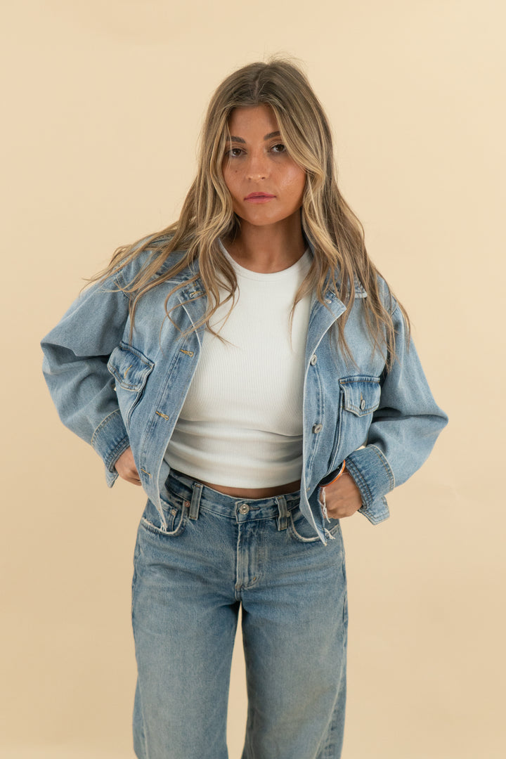 love tree denim UT patch cropped jacket (m; retail $98)