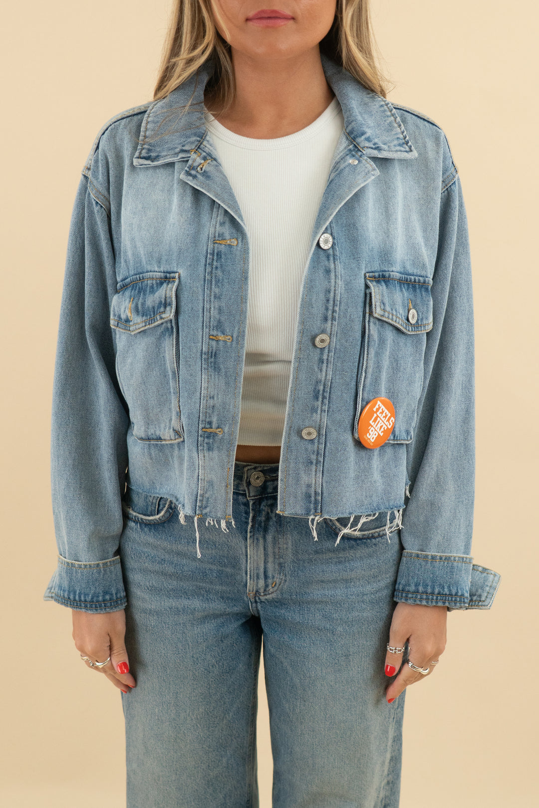 love tree denim UT patch cropped jacket (m; retail $98)