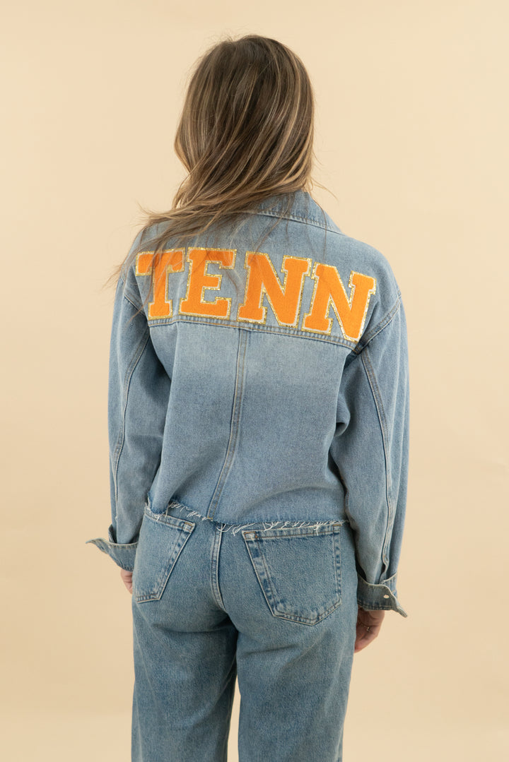 love tree denim UT patch cropped jacket (m; retail $98)