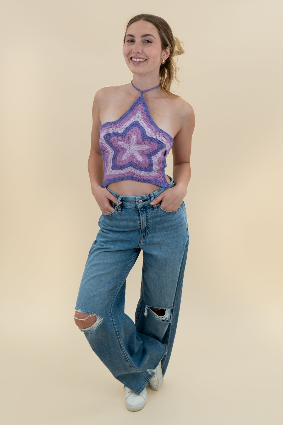 house of sunny purple crochet knit top nwt (xs; retail $105)