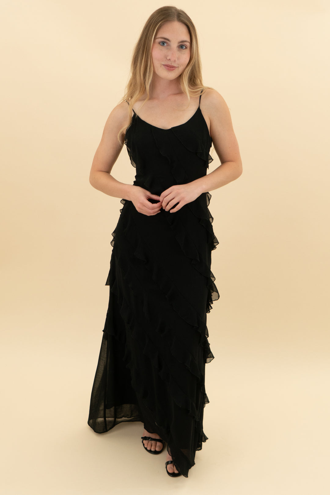 endless rose black ruffled midi dress (xs)