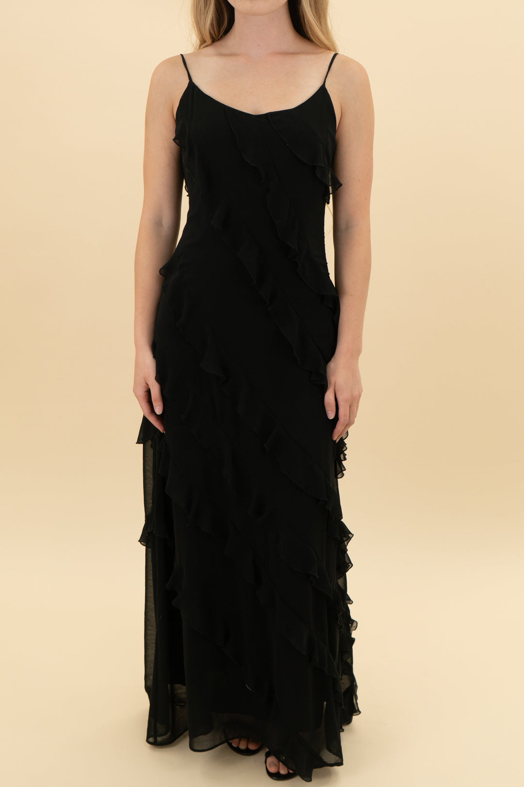 endless rose black ruffled midi dress (xs)
