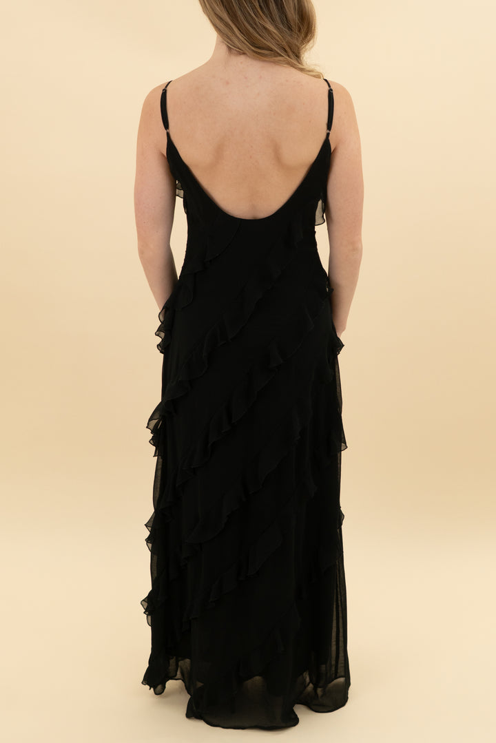 endless rose black ruffled midi dress (xs)