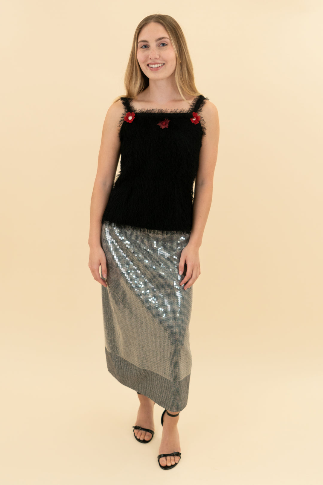 black fuzzy cami top w/ red flower appliques (xs)