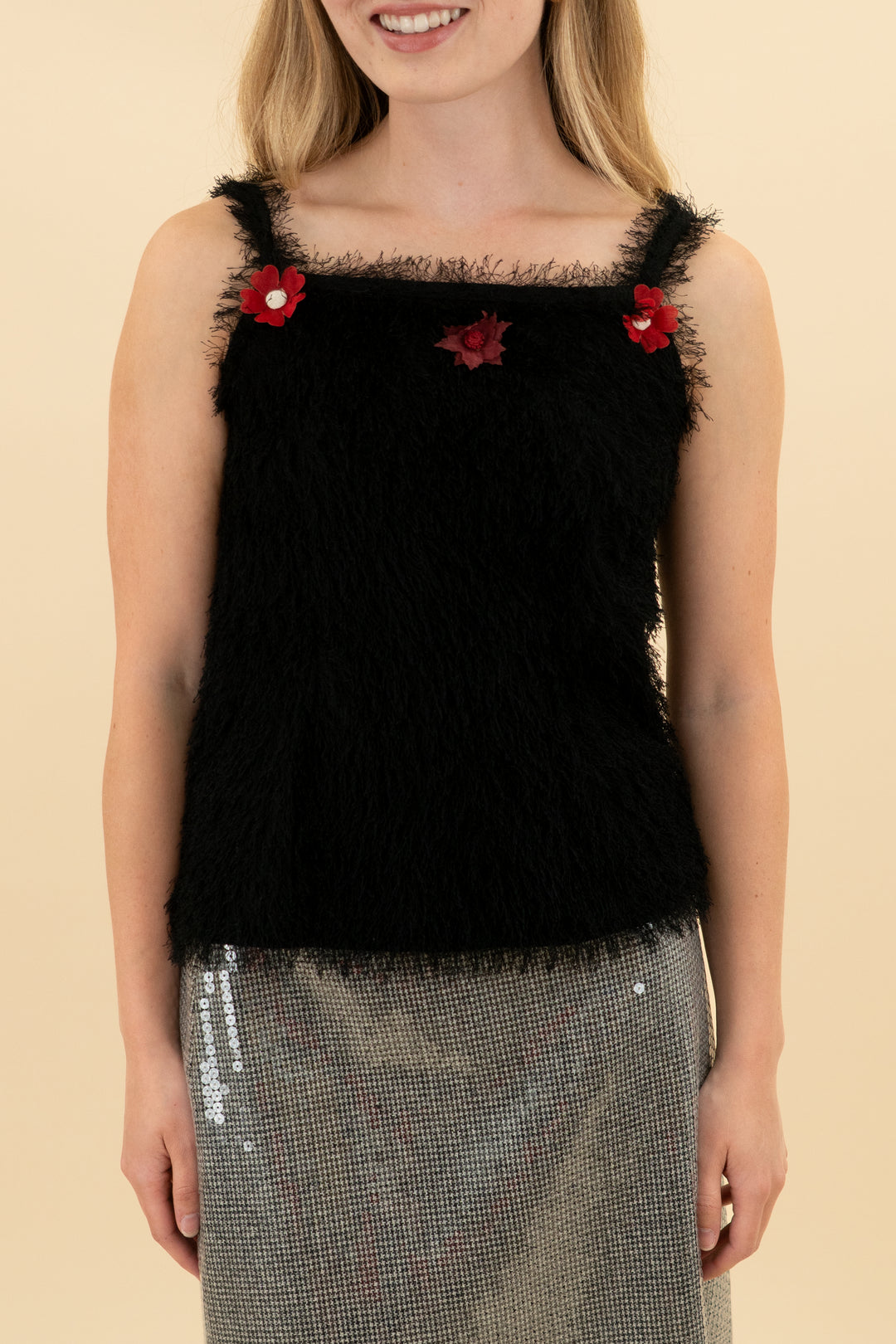 black fuzzy cami top w/ red flower appliques (xs)