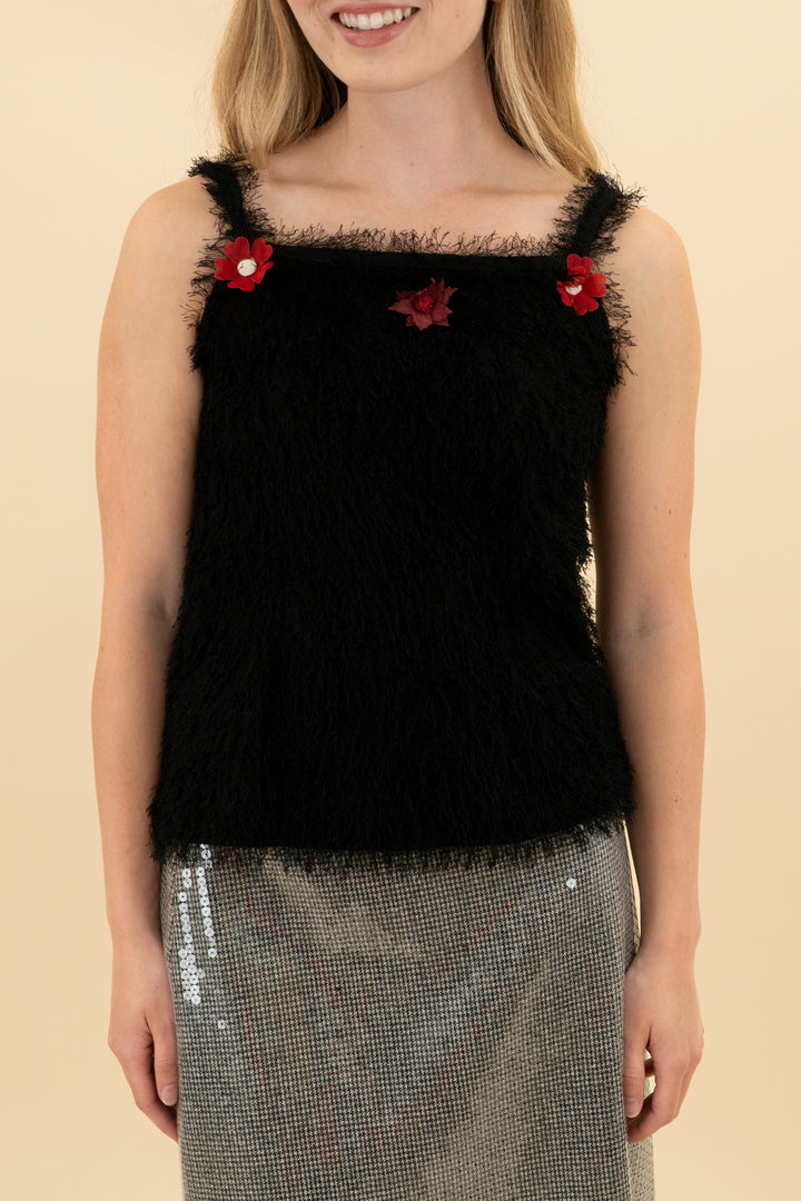 black fuzzy cami top w/ red flower appliques (xs)
