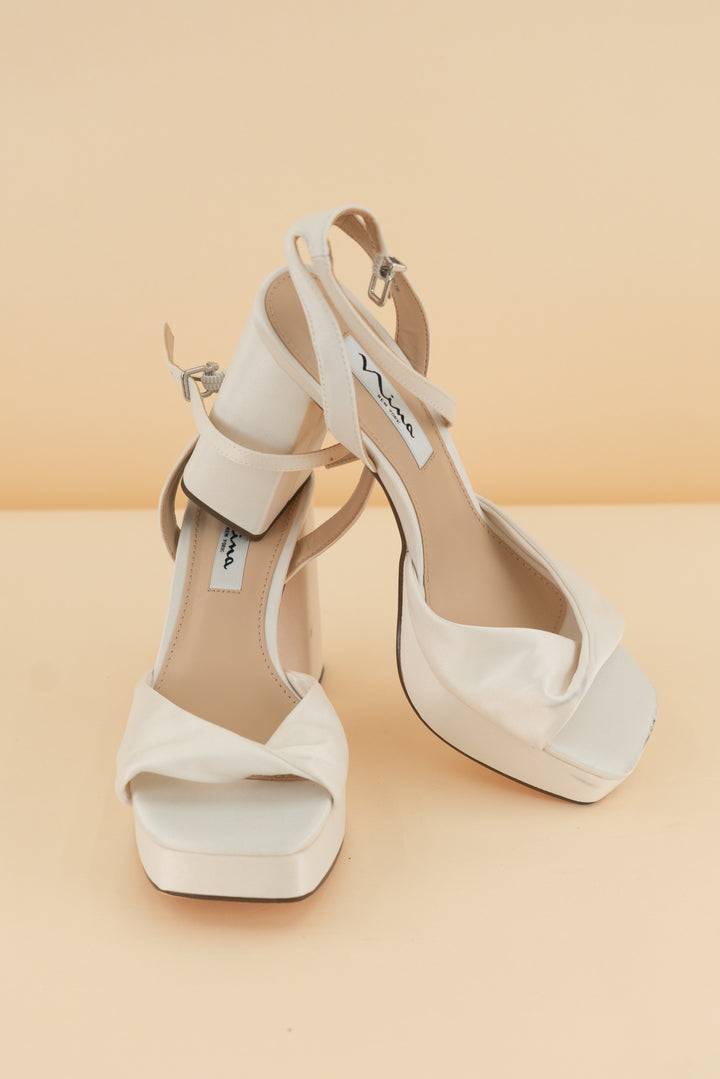 NINA IVORY SATIN BLOCK-HEEL PLATFORM SANDALS (7.5; retail $99)