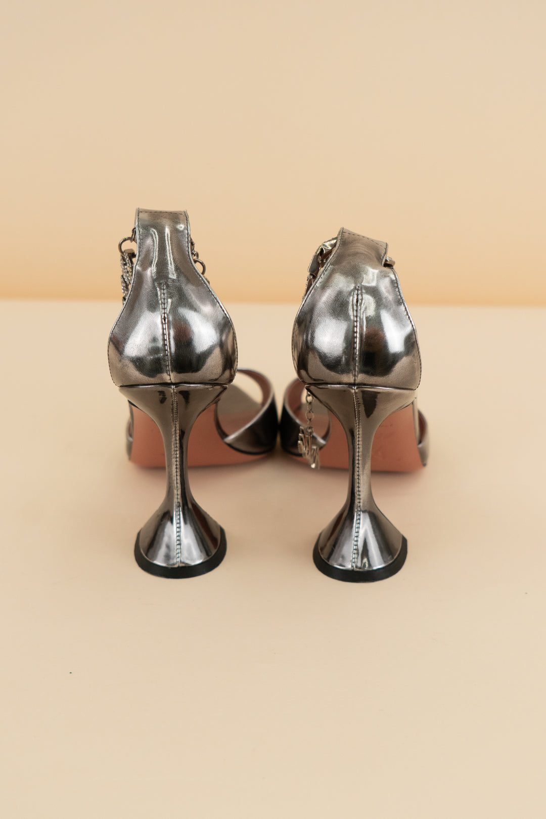 amina muaddi gunmetal silver ankle chain heels (7.5; retail $1540)