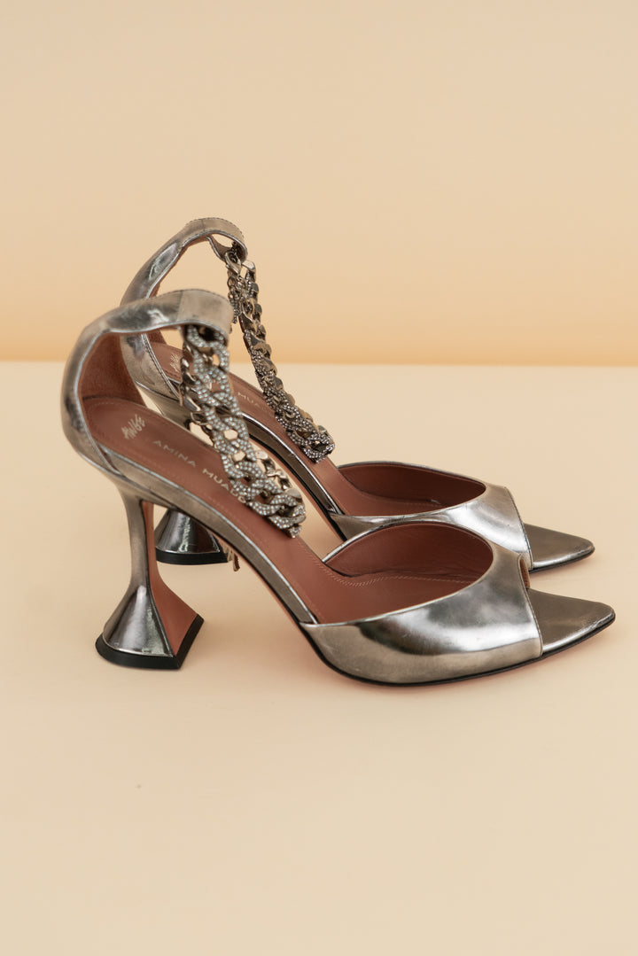 amina muaddi gunmetal silver ankle chain heels (7.5; retail $1540)