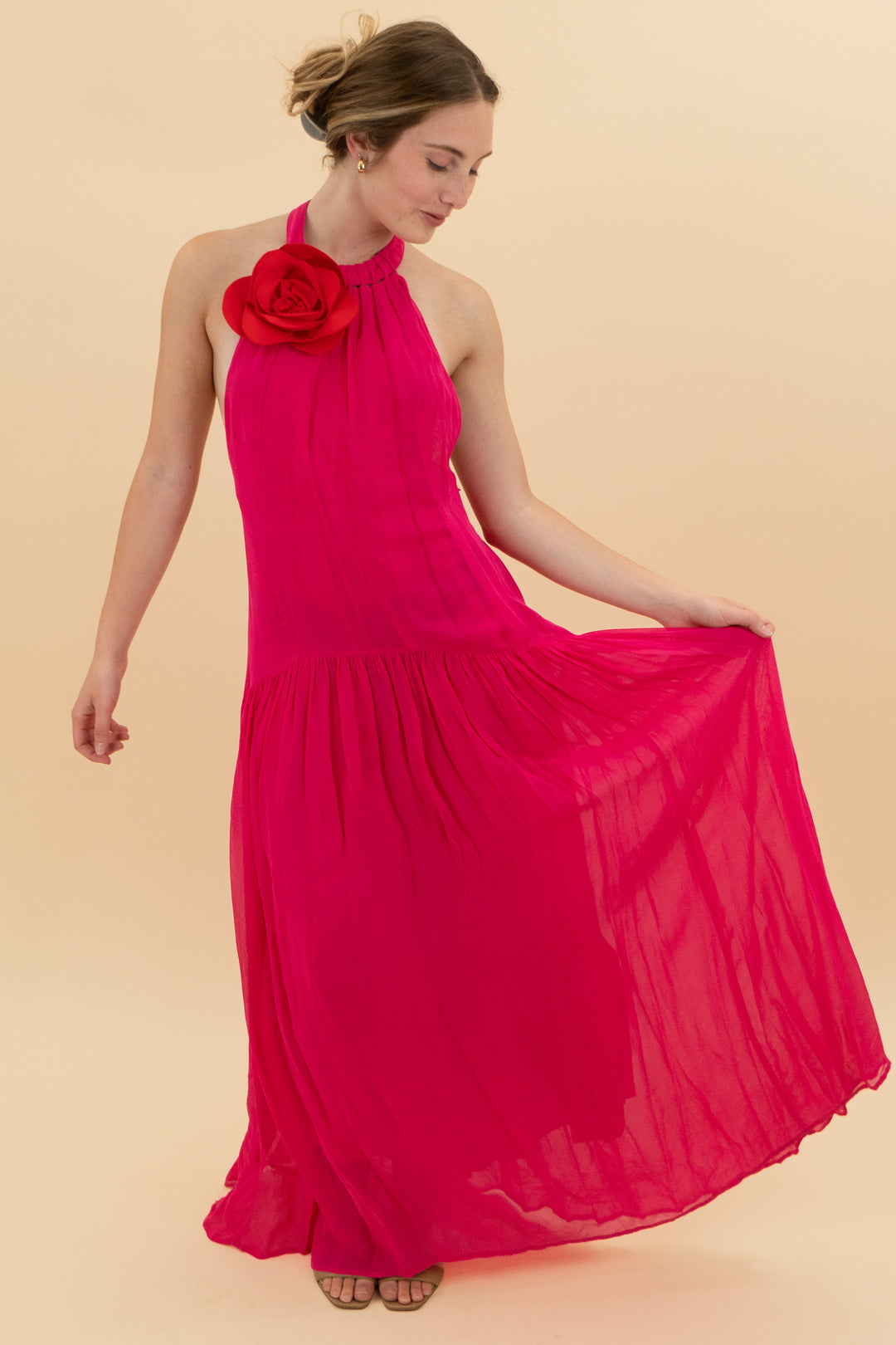 farm rio pink halter rosette maxi dress (xxs)