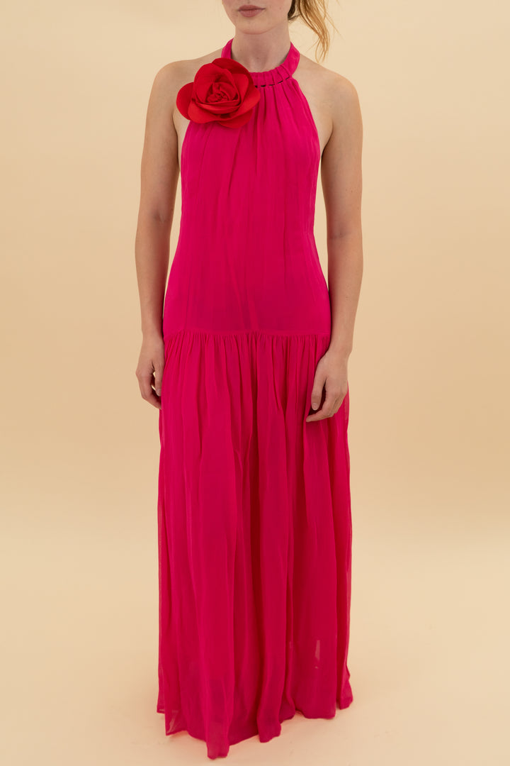 farm rio pink halter rosette maxi dress (xxs)