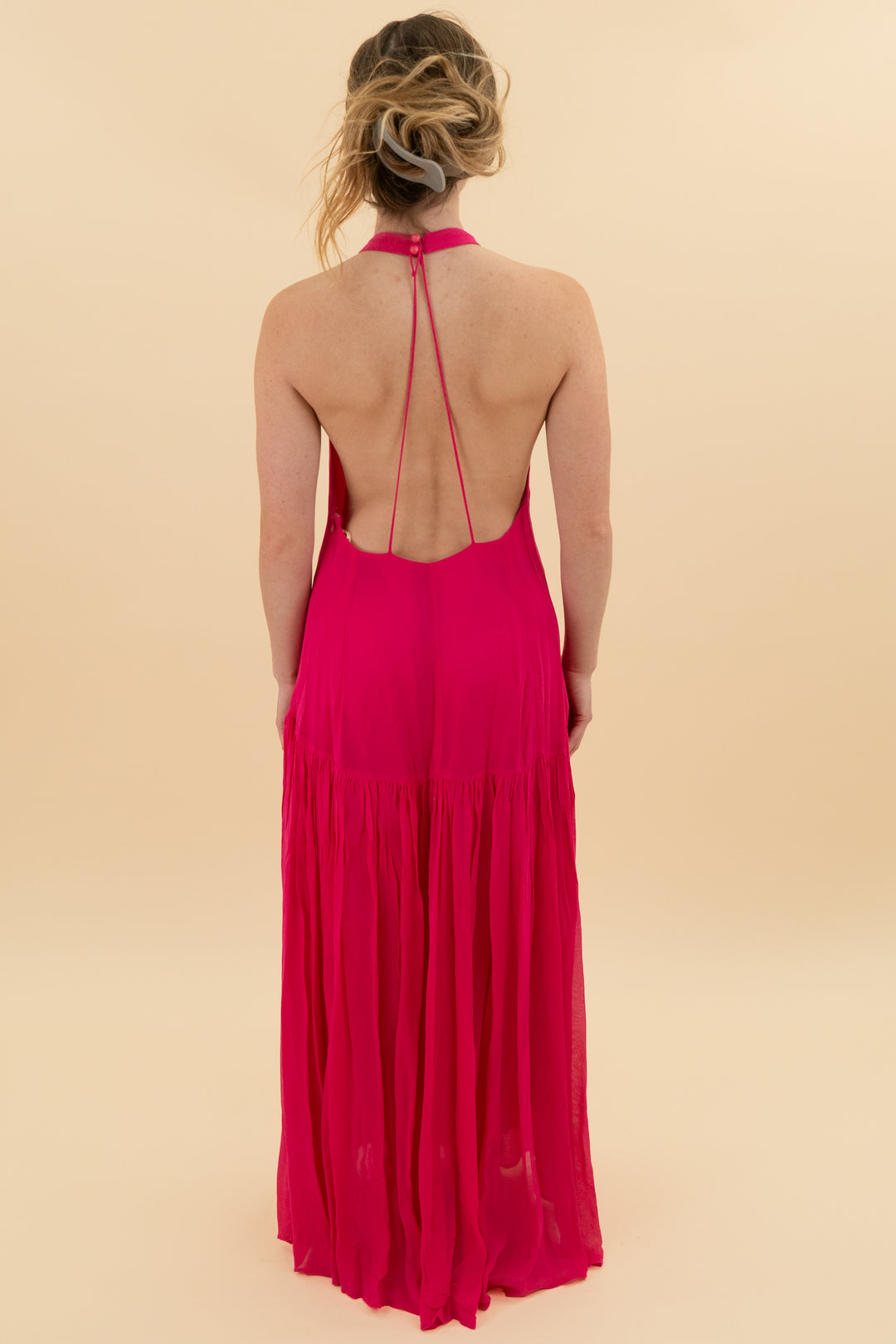 farm rio pink halter rosette maxi dress (xxs)